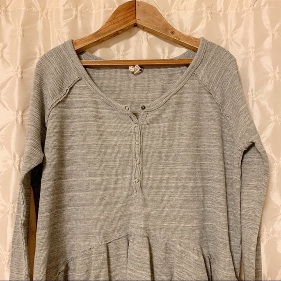 Free People Coastline Gray Thermal Peplum Top Waffle Knit Henley Long Sleeve - Picture 3 of 11